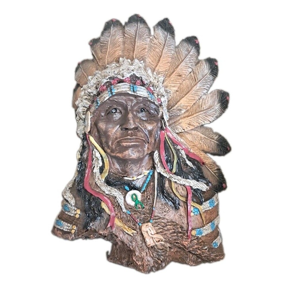 Native American Chief Bust Statue Resin Headdress Feathers Figurine Home Decor